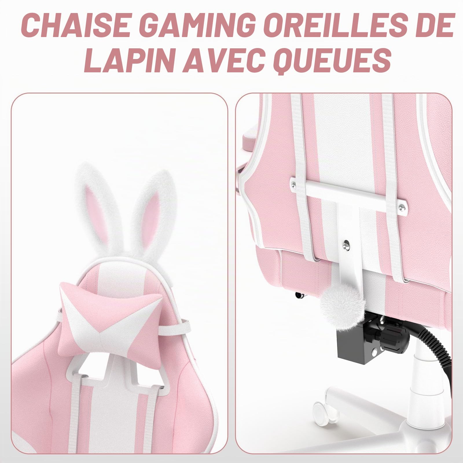 Chaise Gaming Ergonomique avec Repose-Pieds Rétractable, Gaming Chair avec Oreilles et Queue de Chat, Fauteuil Gamer en Tissu avec Massage Lombaire, Appui-Tête, Hauteur Réglable, Roulettes PU, Rose