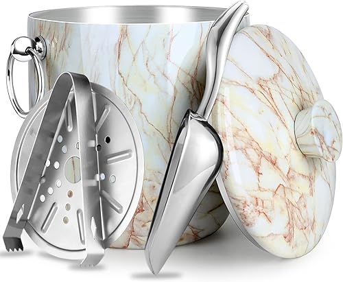 Miniatura 23 de Cubo de hielo con tapa, cuchara, pinzas y colador, acero inoxidable aislado bien hecho, mantiene el hielo congelado durante más tiempo, ideal