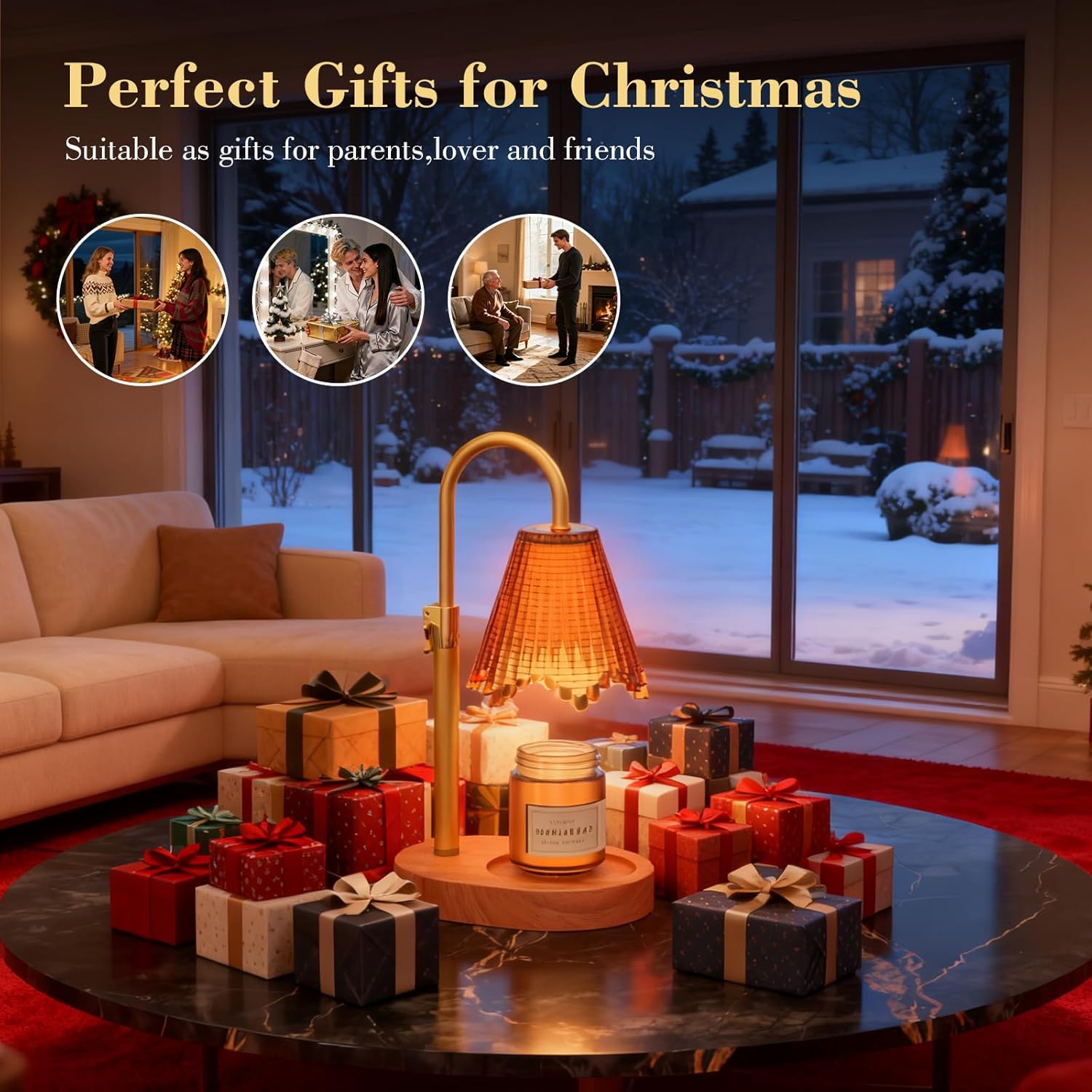 Candle Warmer Lamp with Adjustable Height - Flameless 4-Level Dimmable Wax Warmer with Colorful Glass Shade & Wooden Base, Timer Function & Stylish Design in Multiple Colors (Brown2)