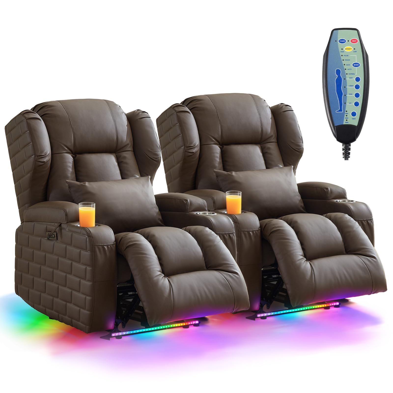 DRMBOOK Power Recliner Chair, Electric Wall Hugger Reclining Sofa with Massage &amp; Heat, Overstuffed Theater Seating with LED/USB Port/Cup Holders for Living Room (Upgraded Light Tan, 2 Chairs)
