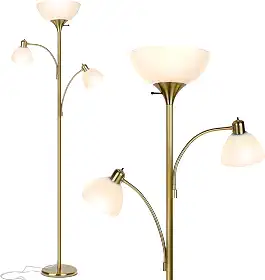 Brightech Sky Dome Double Lâmpada de chão (Pluege dos EUA) – Luminária de piso com 2 luzes de leitura para salas de estar, quartos, iluminação de escritório LED - Latão