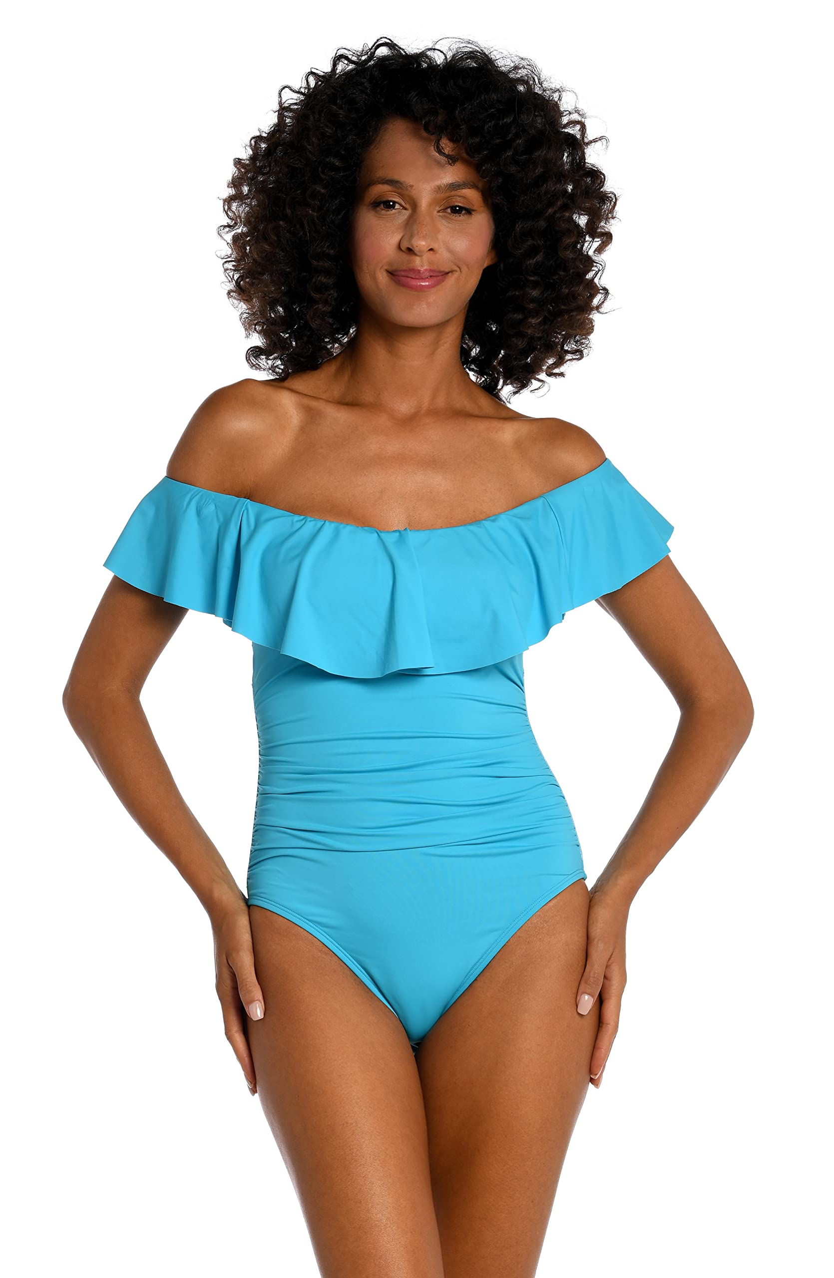 La Blanca Womens One Piece Swimsuit Off Shoulder Ruffle Island Goddess Bathing Suit
