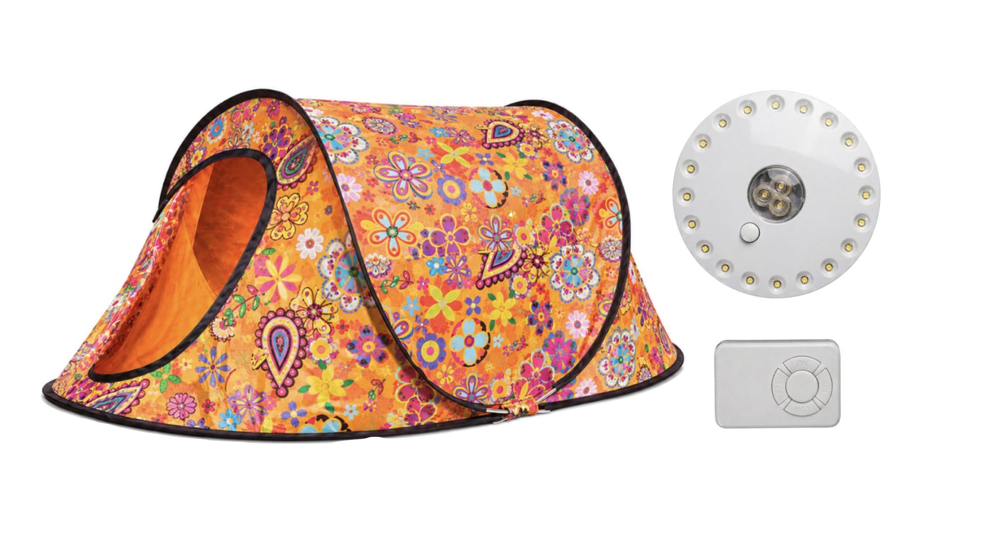 GLOW UP BUNDLE OFFER. 2 PERSON POP UP FESTIVAL TENT, WITH FESTII FINDER LED REMOTE CONTROL CAMPING LIGHT.