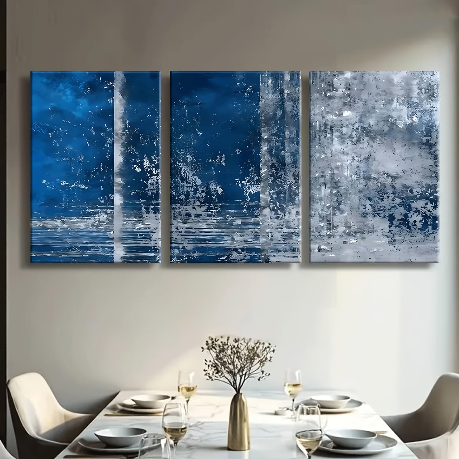 IXEHOH Leinwandbilder Wandbilder Wohnzimmer 3 Teilig Modern Blau Abstrakt Wanddeko Navy Grau Kunstdrucke Wandkunst Vertikale Wandbilder für Wohnzimmer Büro Schlafzimmer 70x100cmx3