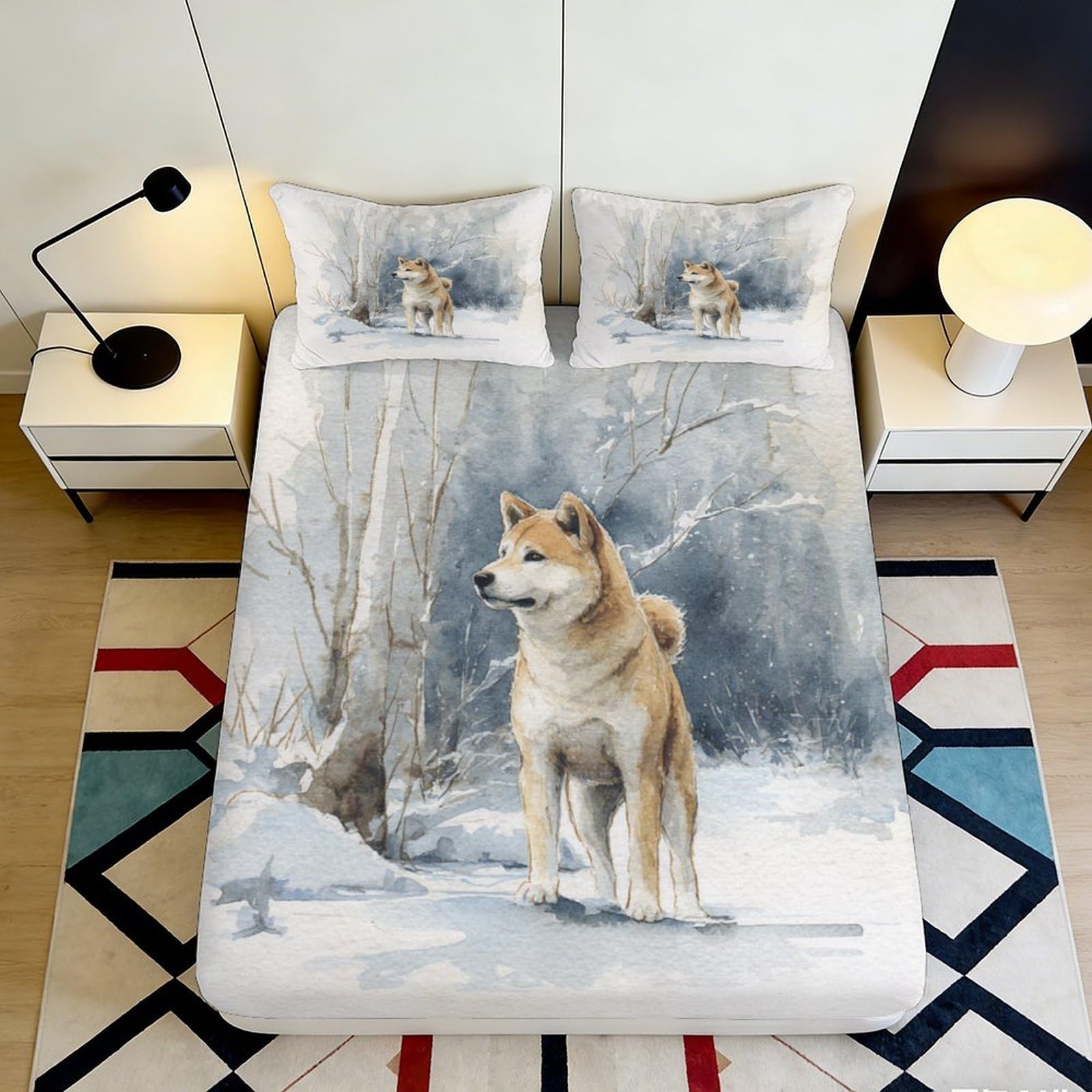3D Printed Wolf Forest Fitted Sheet Microfiber Soft Breathable Snow Wilderness Mattress Cover for Bedroom Decor 90x200x25cm