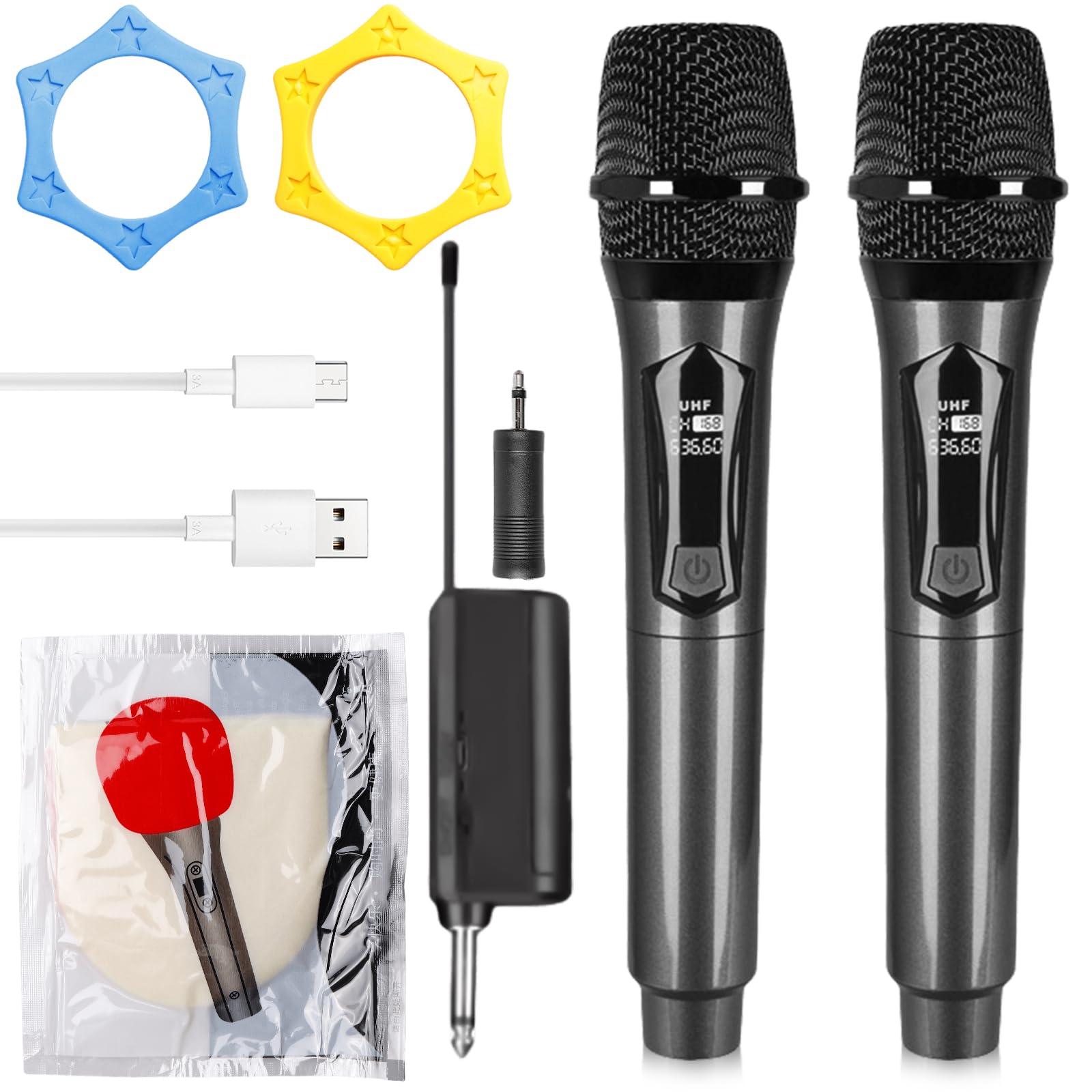 Doppio microfono senza fili, set di microfoni wireless con ricevitore ricaricabile – portata di 61 m, plug and play, suono cristallino per karaoke, matrimoni, feste, presentazioni, canto