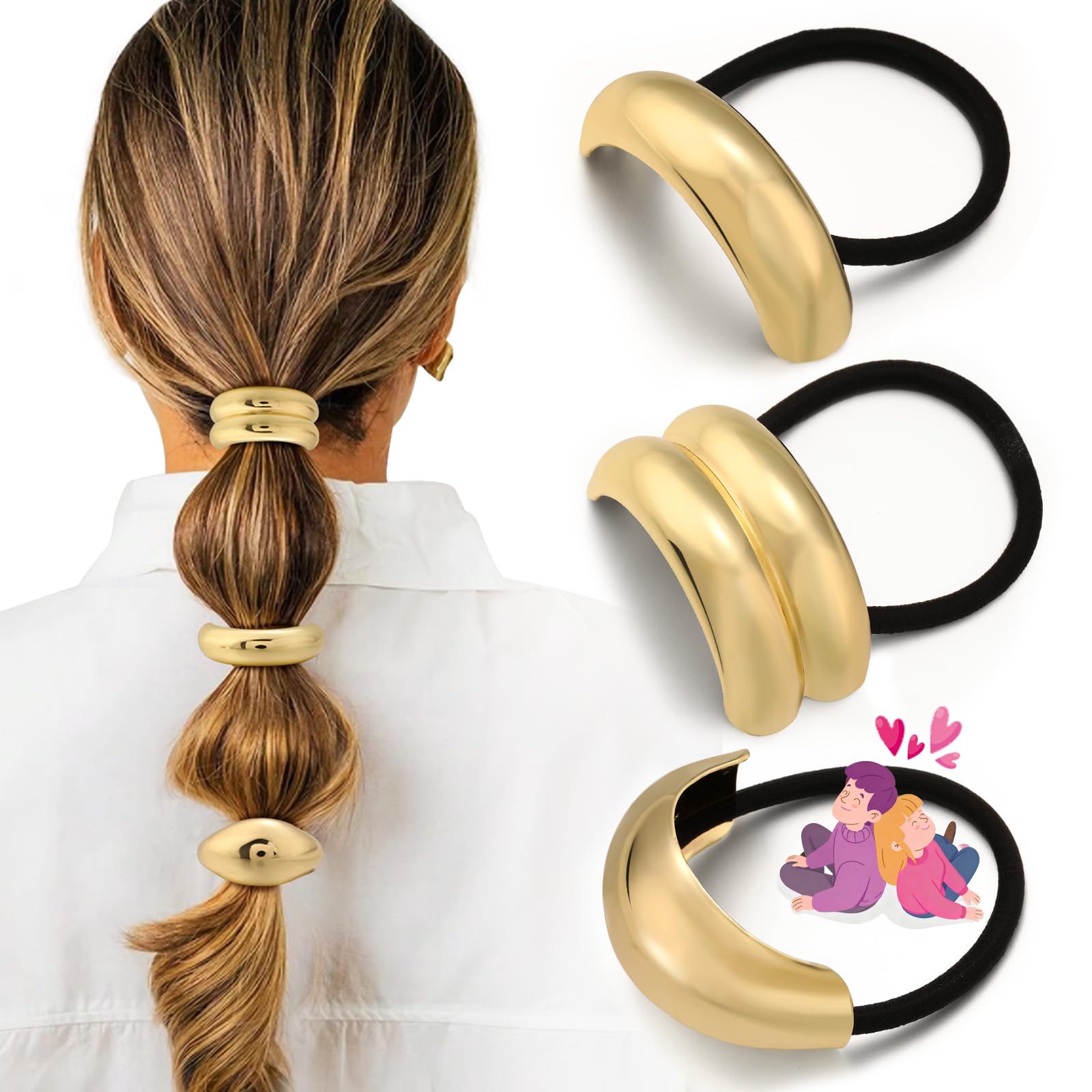 3PCS Gold Hair Ties, Metal Hair Ties for Thick Hair, Elegant Durable Geometric Design, Gold Hair Accessories Stretchy and Non-Damage Ponytail Cuff Holders, 3 Styles in Box Holiday Gifts