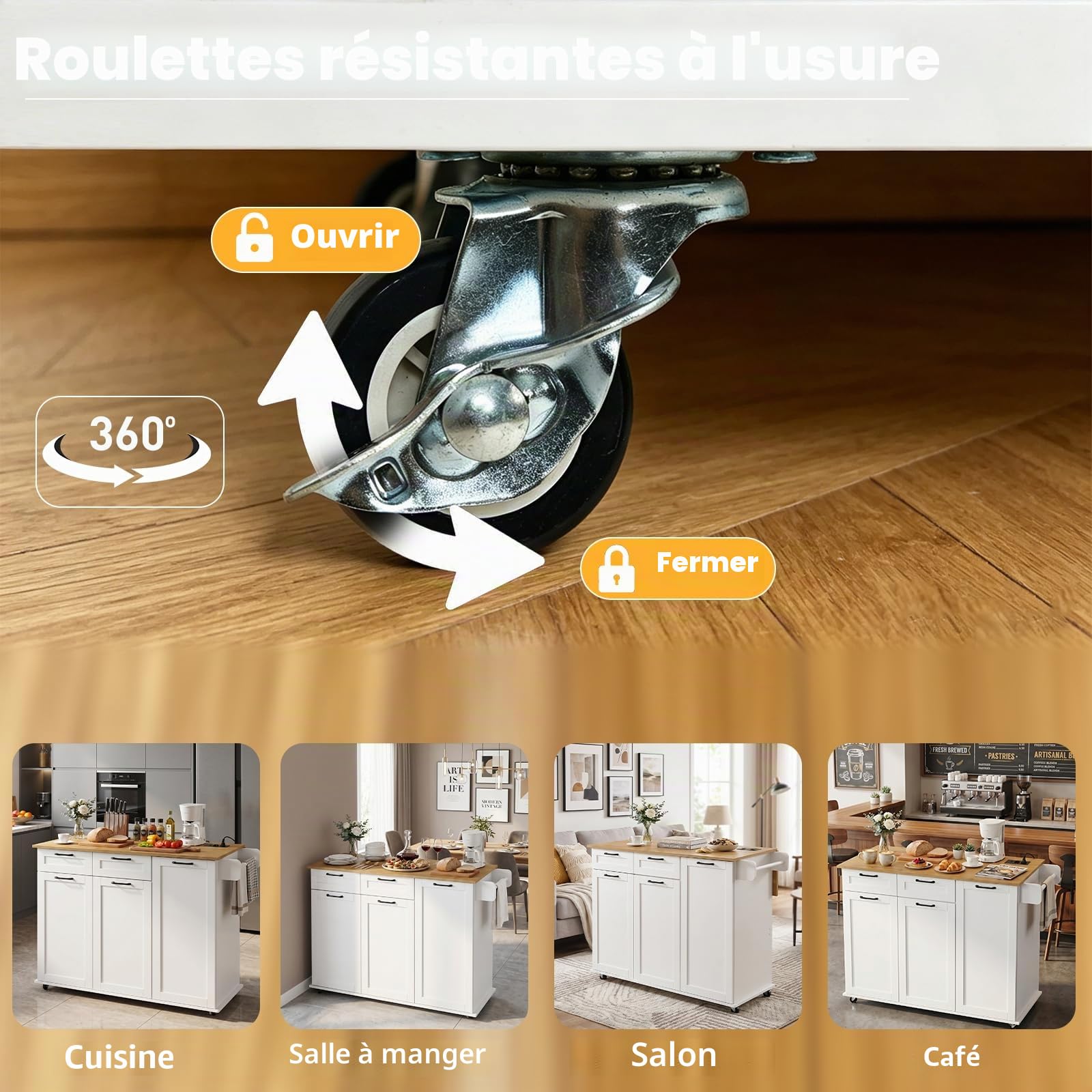 Îlot Central, Desserte Îlot de Cuisine sur roulettes, avec 2 Prises et 2 Ports USB, 119,5 x 44–74 x 94 cm, pour Cuisine et Salle à Manger, Blanc