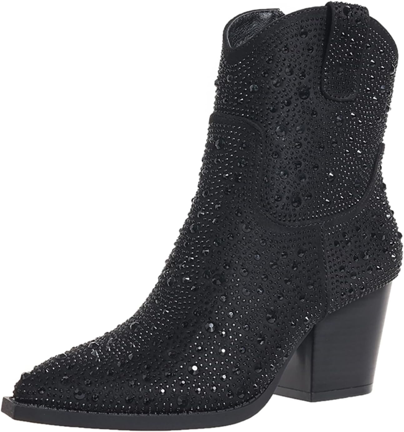 HINDOLA Women Cowboy Ankle Booties Rhinestone Chunky Heel Pointed Toe Classic Short Boots Western Cowgirl Mid Calf Glitter Boots