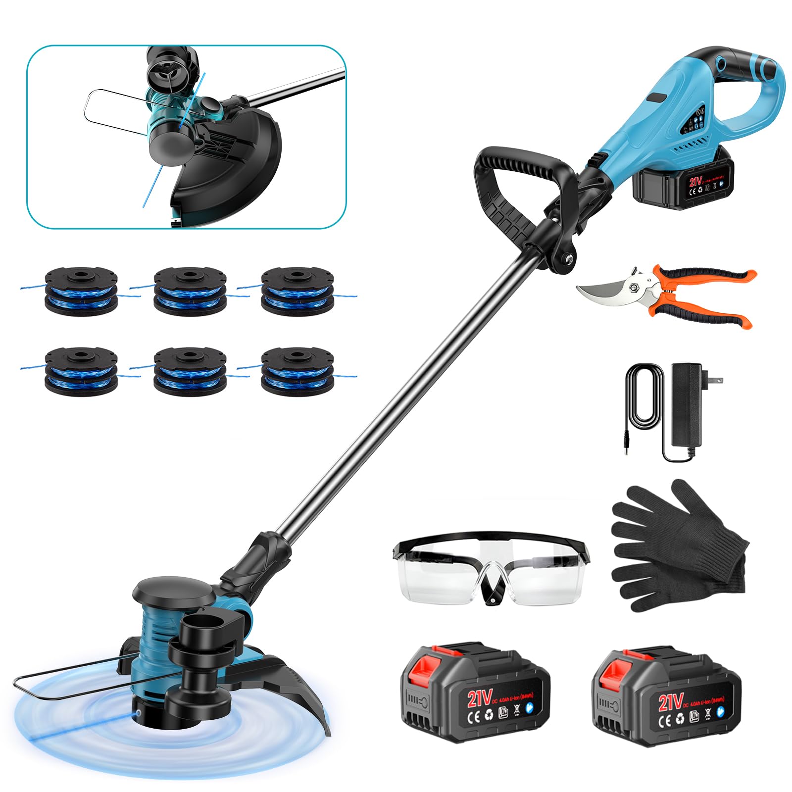 Cortabordes a Batería 21V con 2X 4.0Ah – Ancho 30cm, 2 en 1 (2,3kg) – Compatible con Sistemas 18V / 21V Comunes – Kit con Tijeras, Gafas y Guantes