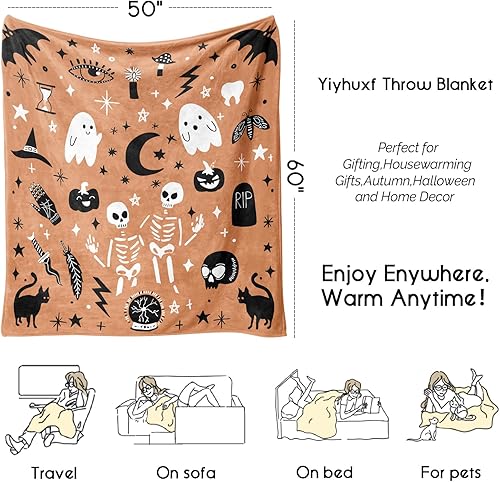 Yiyhuxf Manta de Halloween, linda manta kawaii de esqueleto fantasma gótico oculto bruja espeluznante calabaza para mujer, manta de franela de