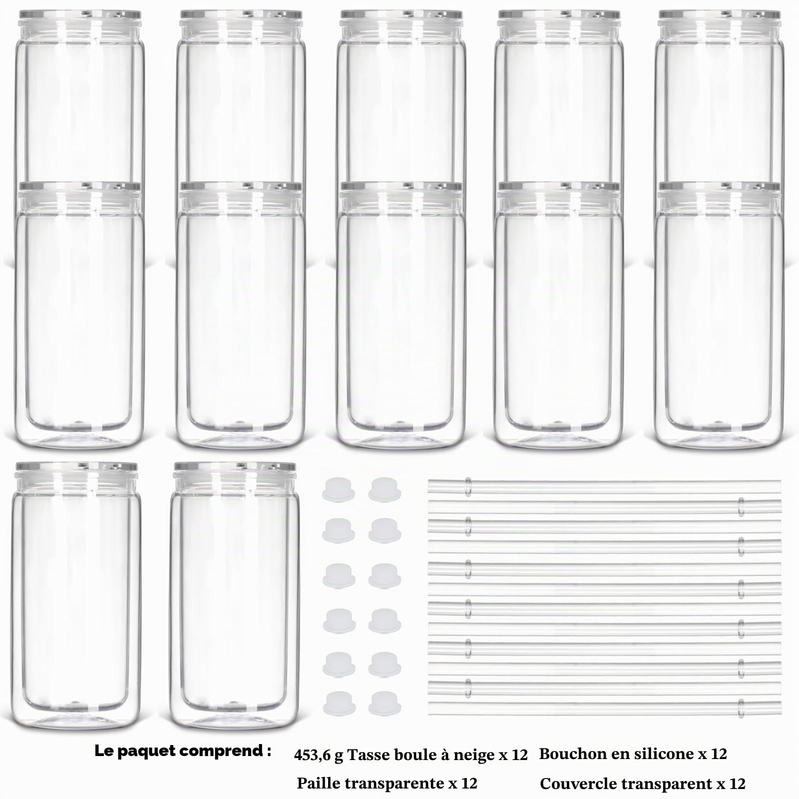 Lot de 12 gobelets en plastique à double paroi avec couvercle et paille - Boule à neige à paillettes - 473 ml - Transparent