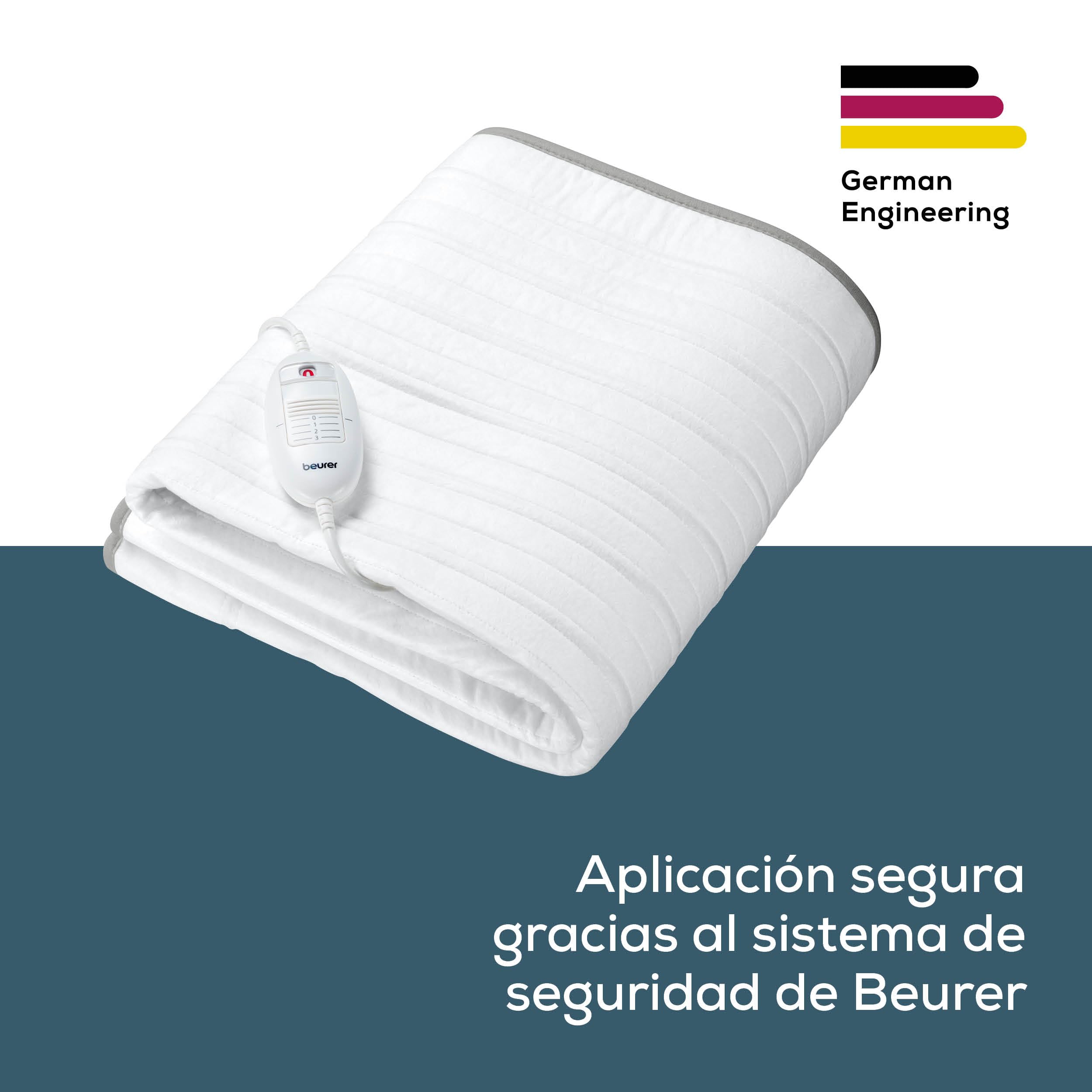 Beurer TS 17 Calientacamas eléctrico, Material no Tejido Suave, Antideslizante Gracias a la fijación con Cinta elástica, 3 Niveles de Temperatura, 150 x 80 cm, Sistema de Seguridad