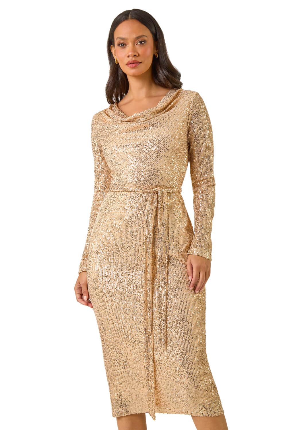 Dusk Women's Gold Sequin Cowl Neck Stretch Dress Size 10