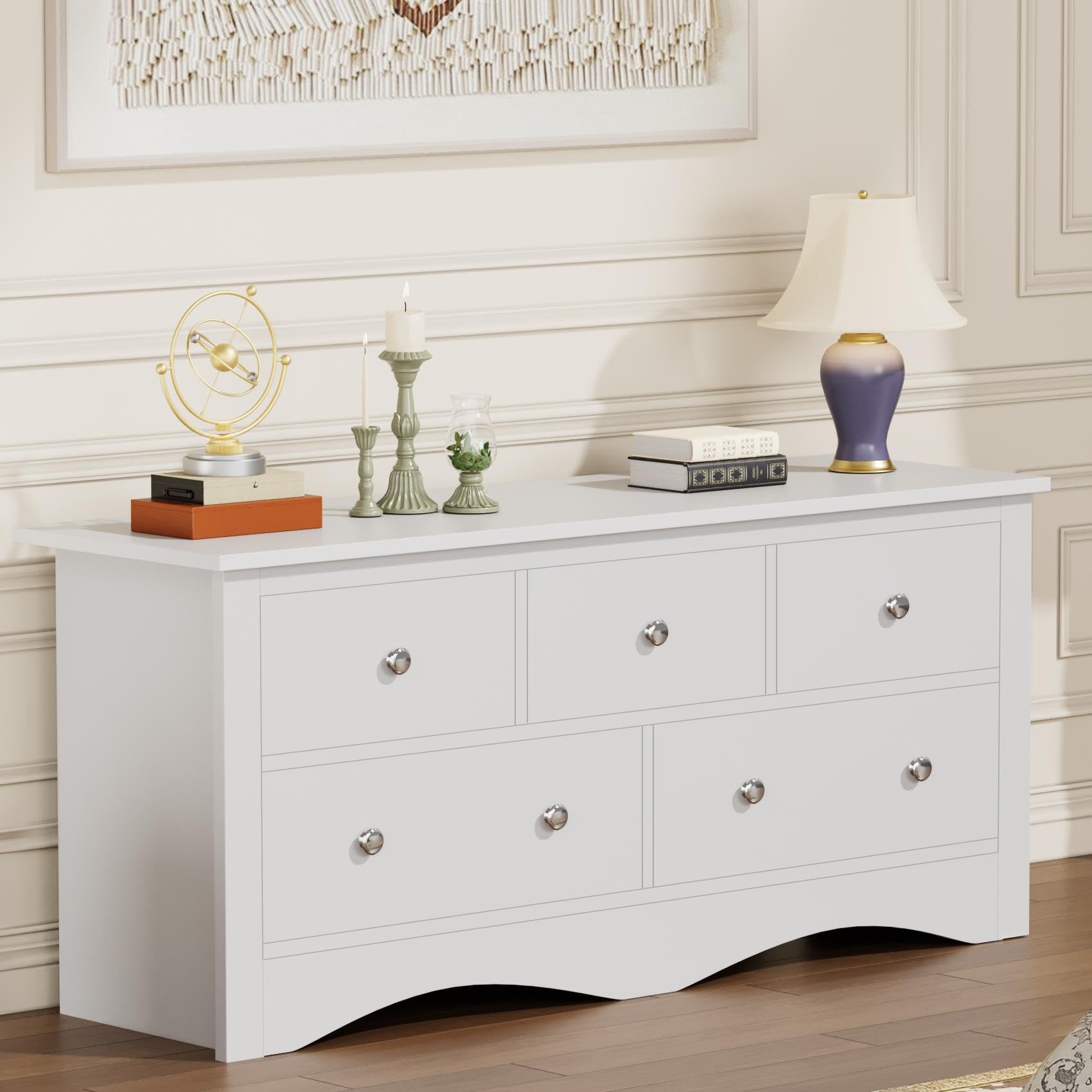 YESHOMY Dresser for Bedroom, 5 Drawer Dressers, Modern TV Stand for 65 inch,Wide Storage Cabinet, for Cloest, Hallway, Dressing Room, White