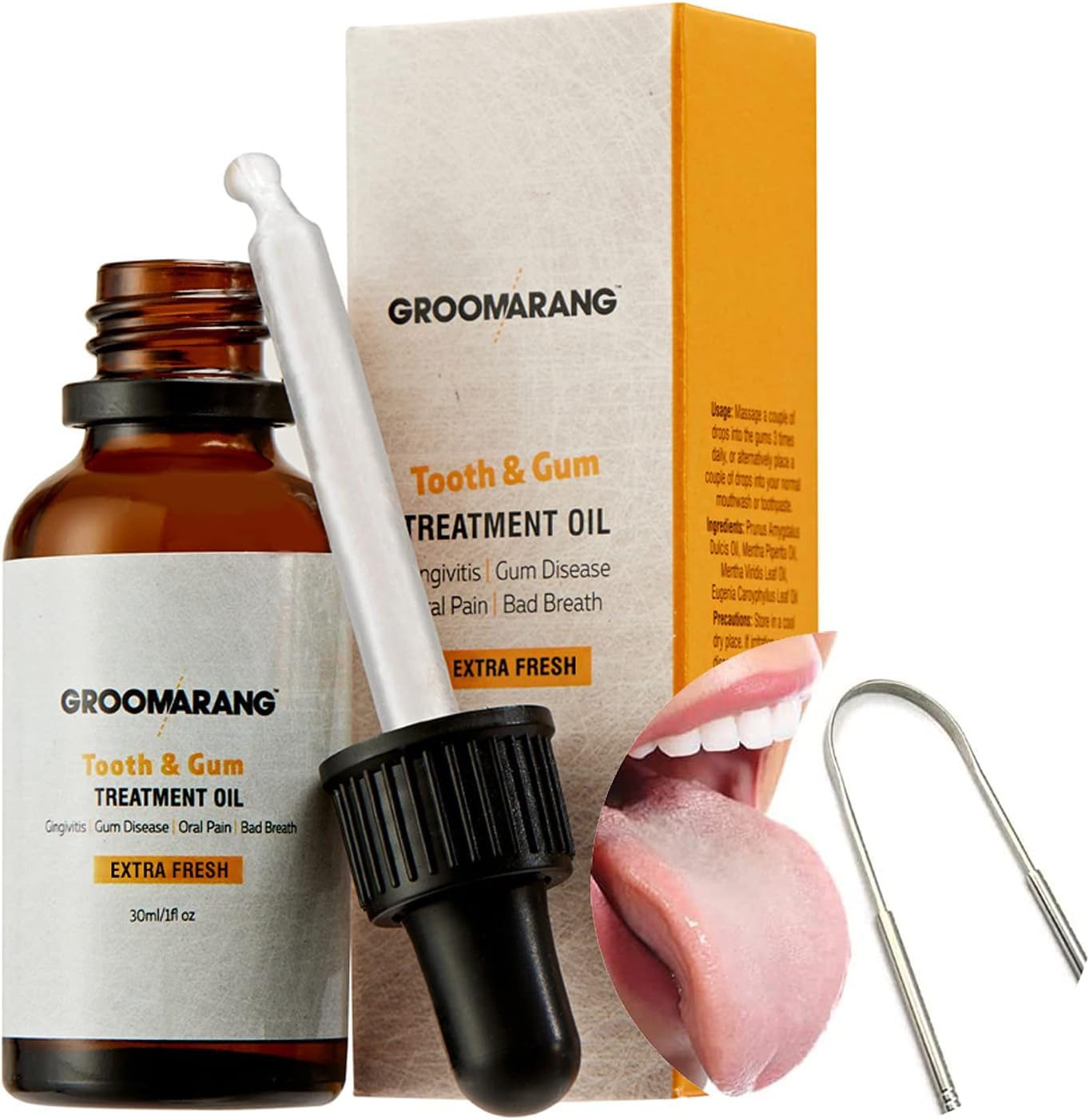 Gum Oil - Made from 100% Pure Botanical Oils (Extra Fresh) Convenient Dropper Bottle for Accurate Dispensing 30ml Includes Stainless Steel Tongue Scraper