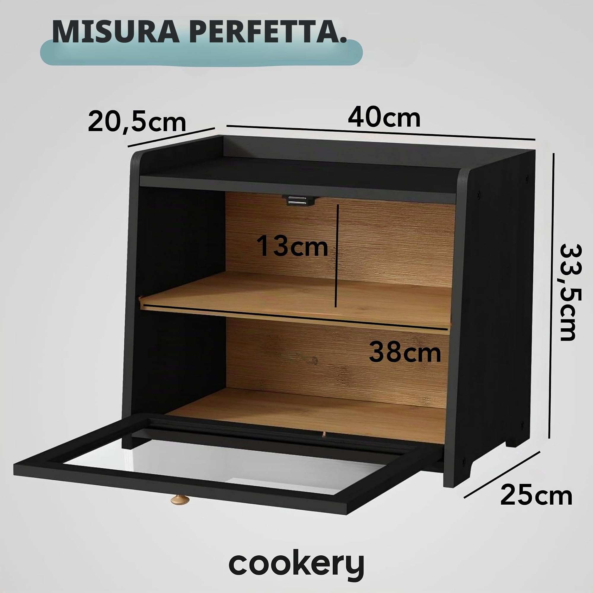 Cookery Portapane in legno con 2 ripiani per la conservazione del pane in bambù, grande scatola per il pane, contenitore per il pane a 2 livelli (nero)