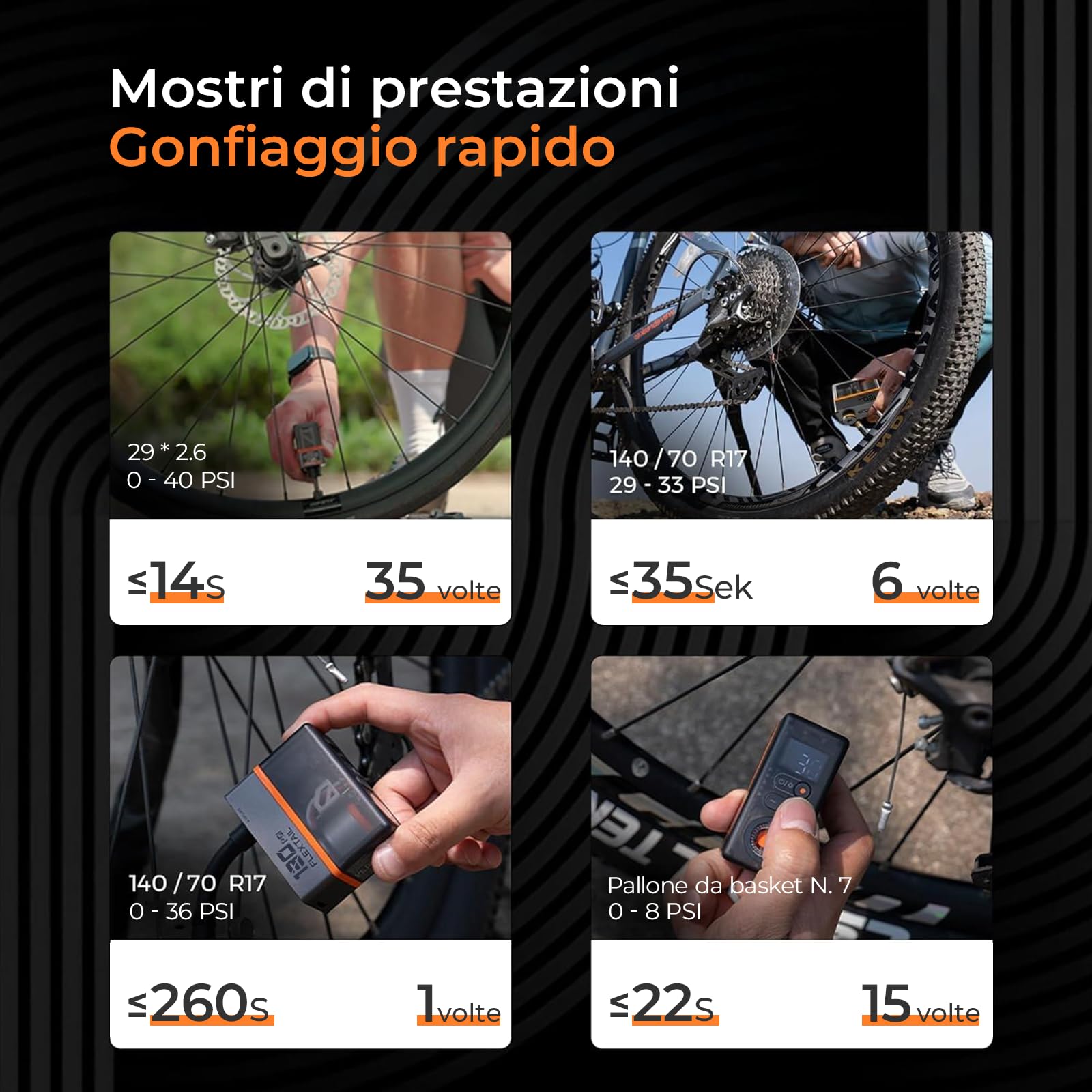 FLEXTAILGEAR Mini Pompa per Bicicletta Elettrica, 130 PSI Portatile con Manometro e Fanale Posteriore, Spegnimento Automatico, Valvola Presta e Schrader per E-Bike, Mountain Bike, City Bike e Bici da