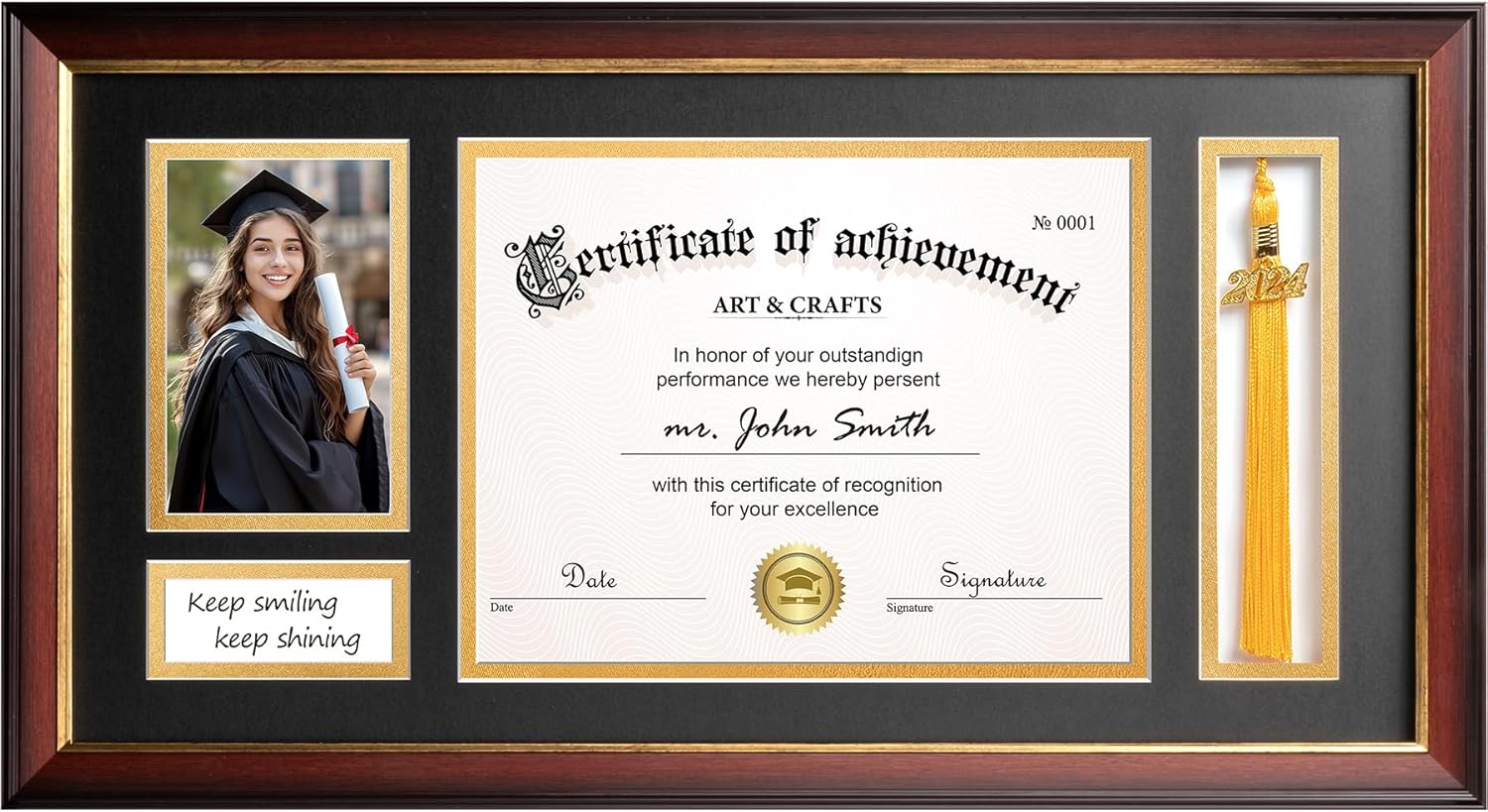 Yaetm 11x22 Diploma Frame with Tassel Holder for 8.5x11 Certificate Document & 4x6 Photo with High Definition Glass, Black Mat Over Gold Acid-free Mat, Mahogany Graduation Frame 11x22 Diploma Frame with Tassel and Picture Mahogany