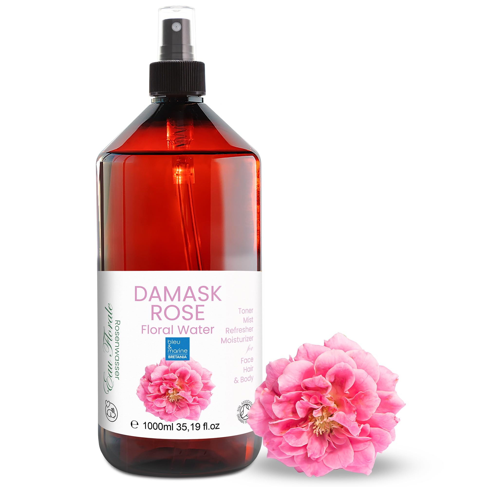 Organic Rose Water Facial Cleanser, Moisturising Toner for Dry and Mature Skin Make-up Remover with Anti-Ageing