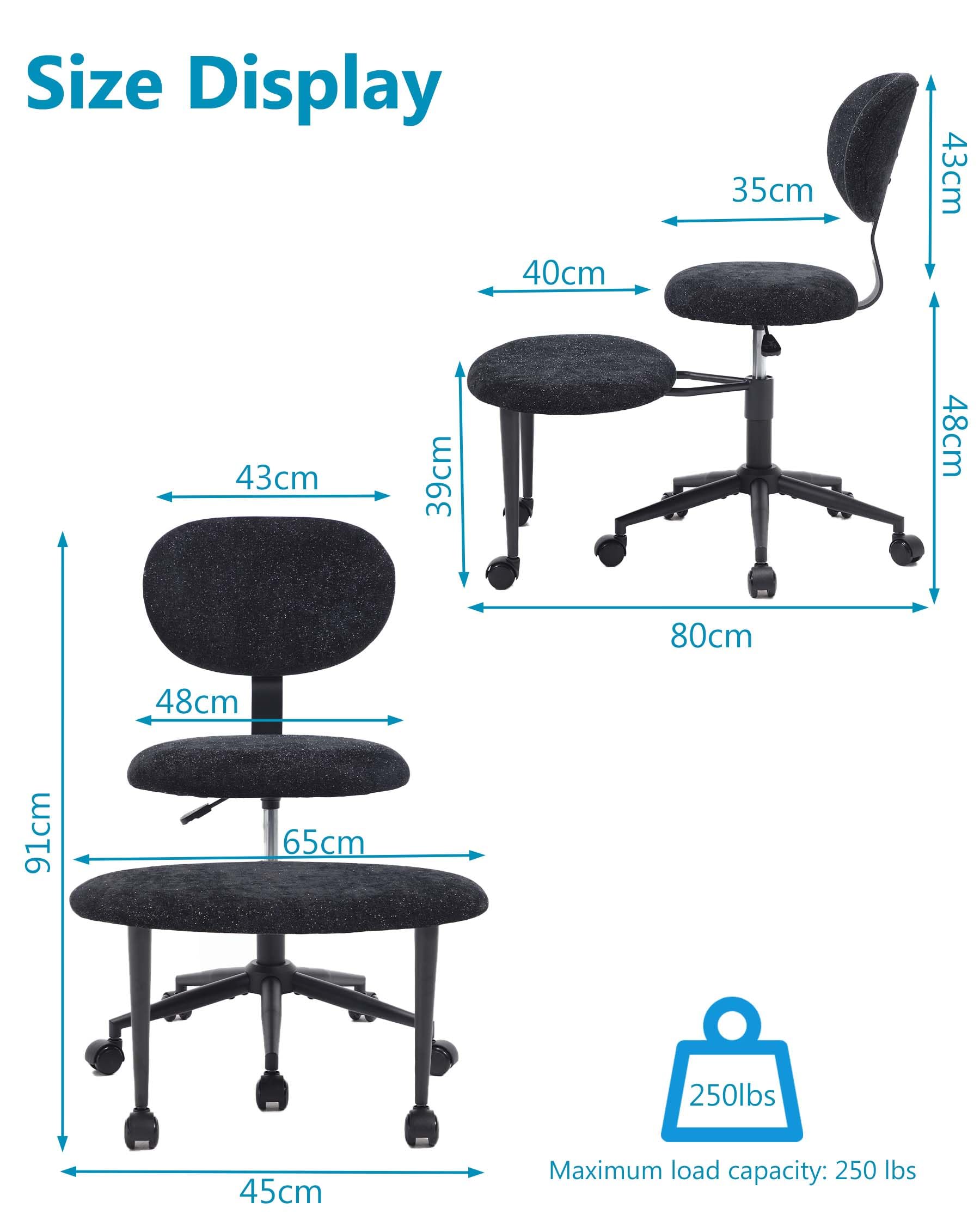 hitsuki Krzesło biurowe bez podłokietników, ergonomiczne krzesło biurkowe z podnóżkiem, obrotowe 360°, krzesło z regulacją wysokości z kółkami do biura i domu, czarny brokat