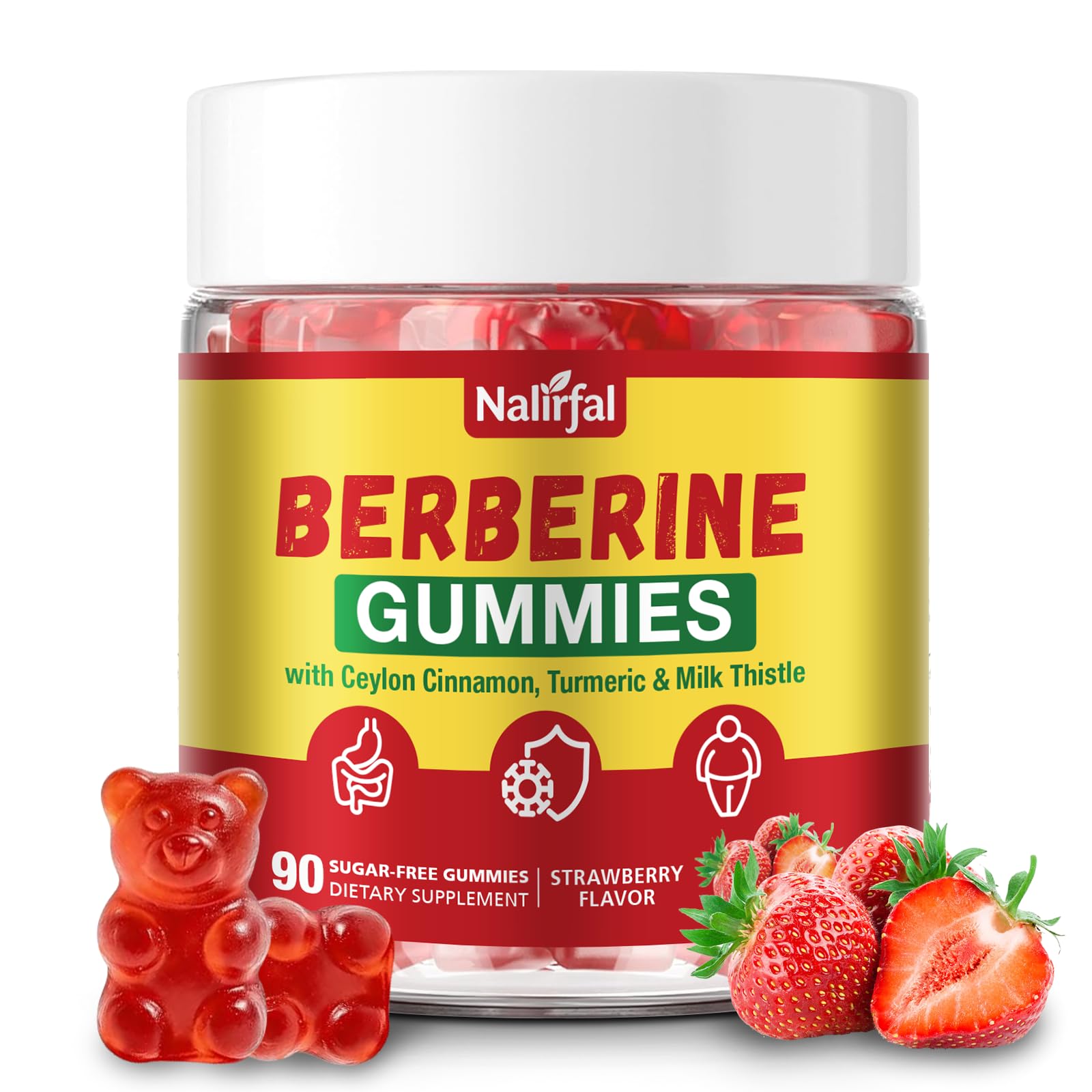 Berberine Gummies with Ceylon Cinnamon – Organic, Sugar-Free, Strawberry Flavor – High-Potency Immune Support Supplement, 90 Count
