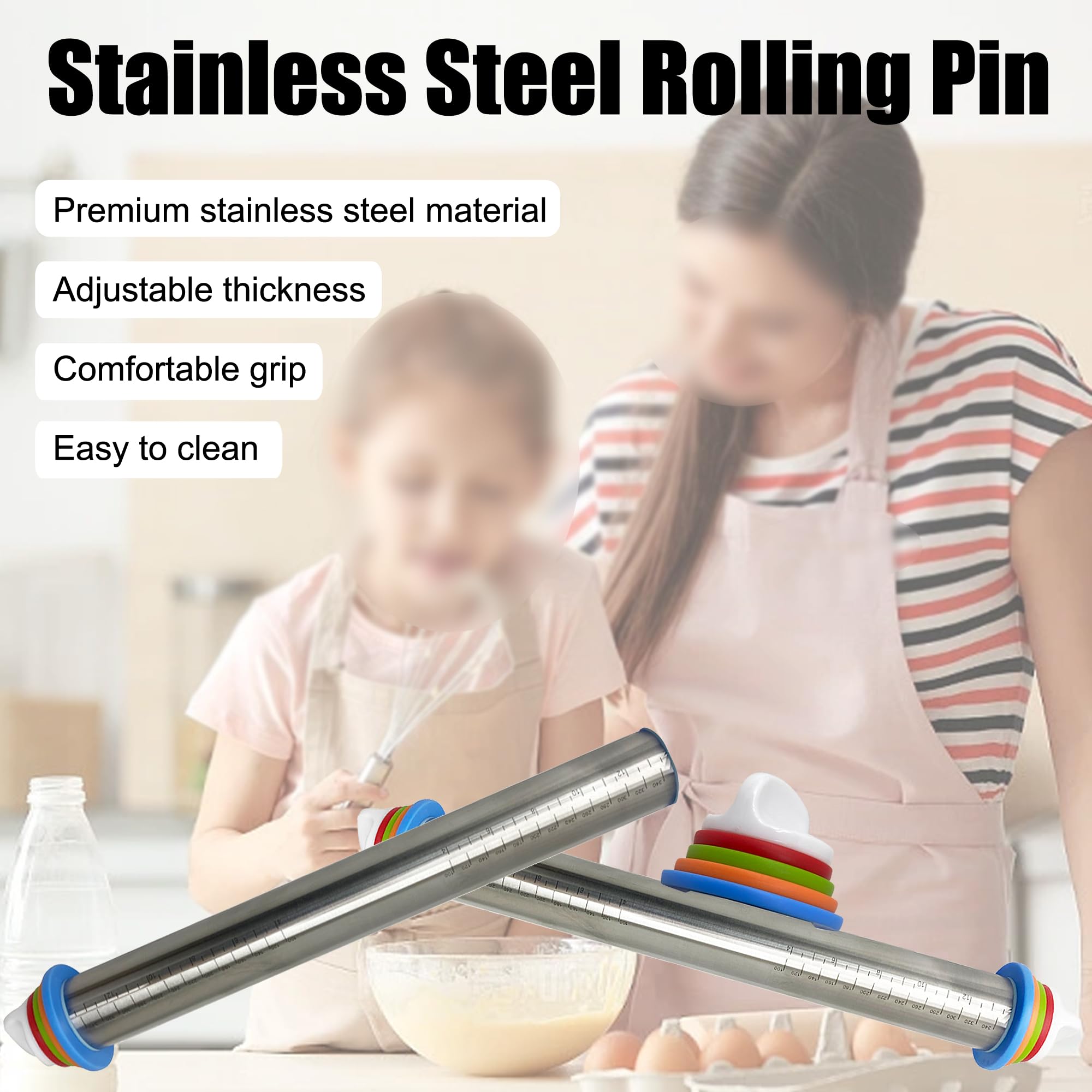 HQHAOTWU Rolling Pin Stainless Steel Rolling Pin Adjustable Dough Roller with Thickness Rings 17 inches Burger Dough Roll with Clear Scale Mark For Baking Dough Pies Pastries Pasta Cookies Pizza