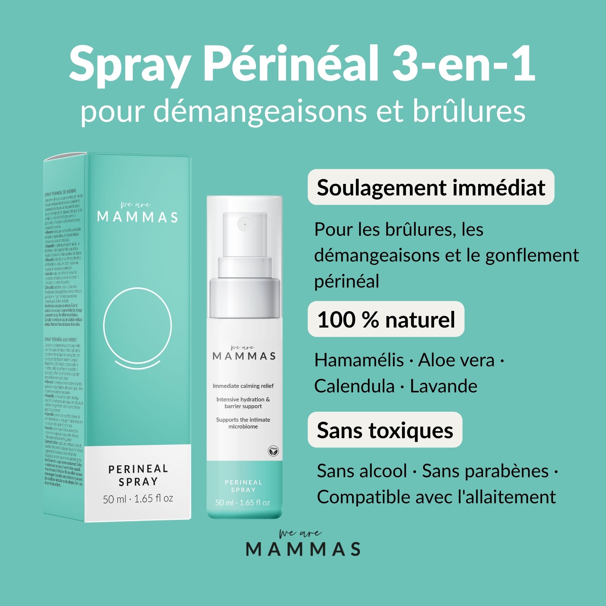 Pack soin périnéal post-partum : mousse prébiotique et spray botanique intime femme hygiène récupération intime nettoyage doux soulagement calme aloe vera hamamélis acide lactique pH équilibré flore