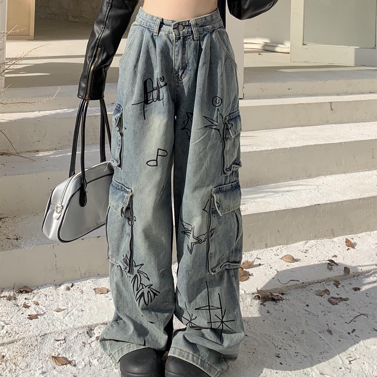 Y2K Fashion Straight High Waisted Wide Leg Jeans Casual Gradual Graffiti Patchwork Baggy Denim Pants - Image 8