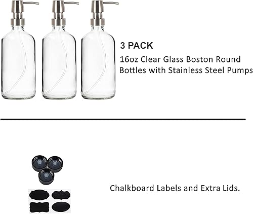 Miniatura 3 de Youngever Paquete de 3 botellas redondas Boston de vidrio transparente de 16 onzas con bombas de acero inoxidable, dispensadores de jabón de vidrio