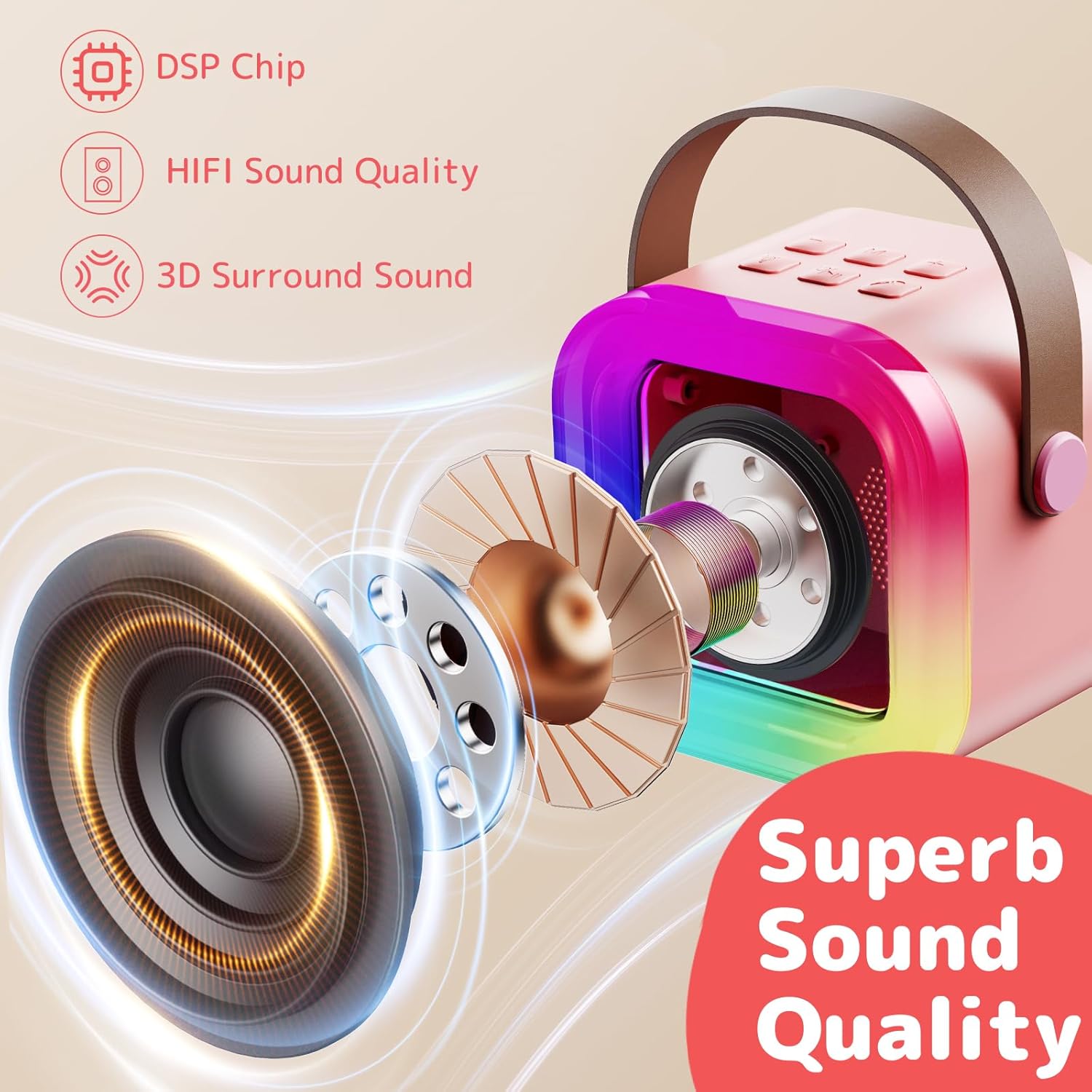 Fede Karaoke Machine for Kids Adults, Mini Karaoke Machine with 2 Wireless Microphones, Portable Bluetooth Speaker with Voice Changing Effects & LED Lights, Best Gifts Toys for Girls and Boys - Image 4