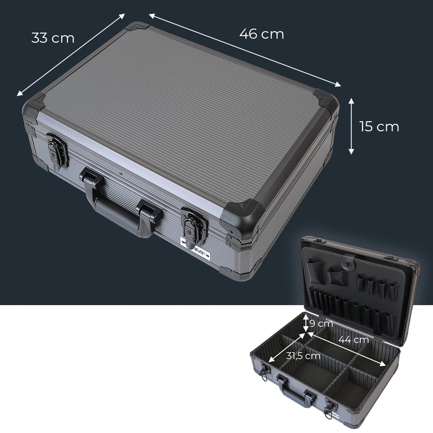 HMF Walizka aluminiowa na narzędzia z 17 wkładkami, Duża walizka z regulowanym podziałem wewnętrznym | 46 x 33 x 15 cm | Antracytowo-czarny