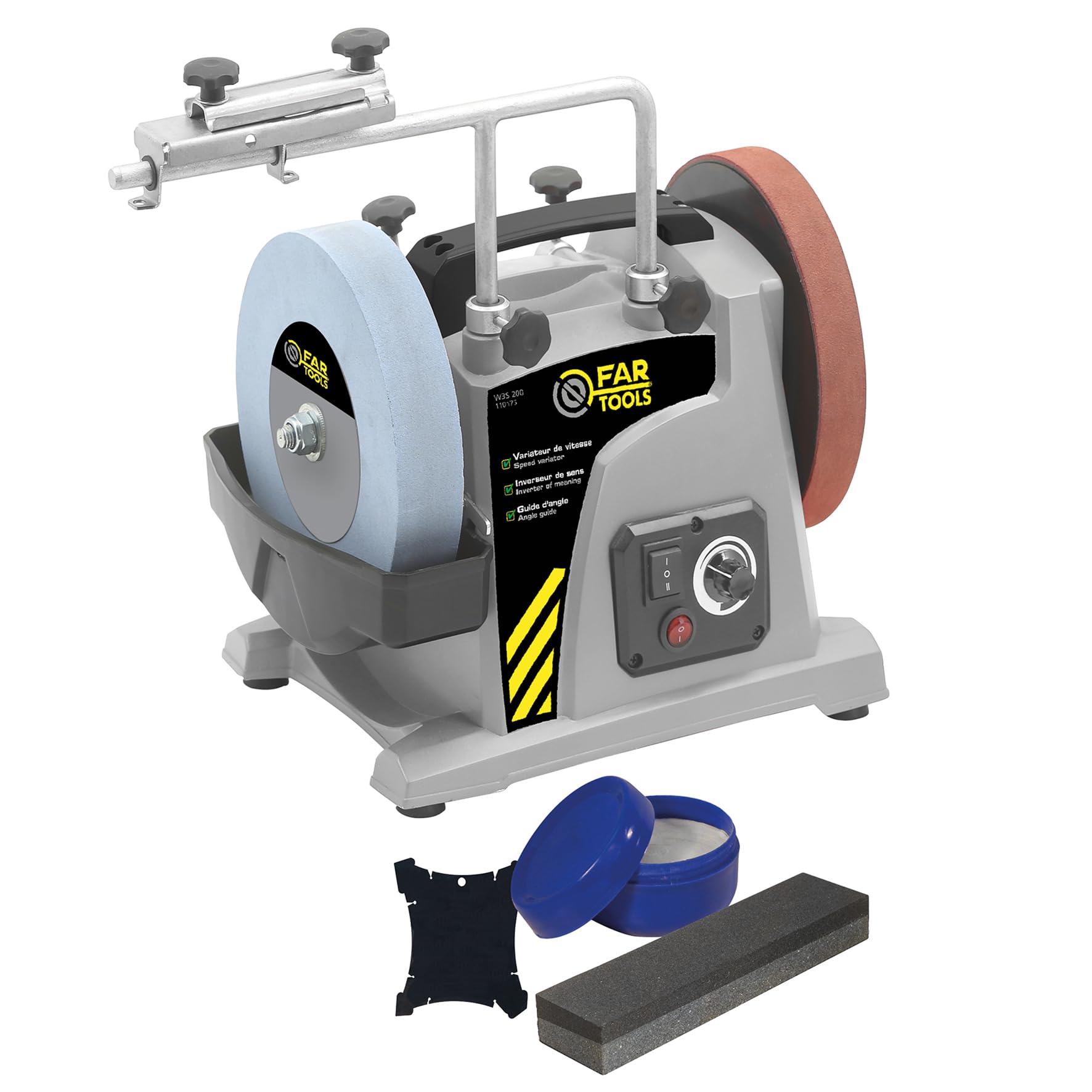 Fartools Affûteur à eau 120W Ø200mm Vitesse variable 30à150tr/min, inverseur de sens, couple réglable, poignée de transport, livré avec pate à graisser, pierre à polir et rapporteur d'angles