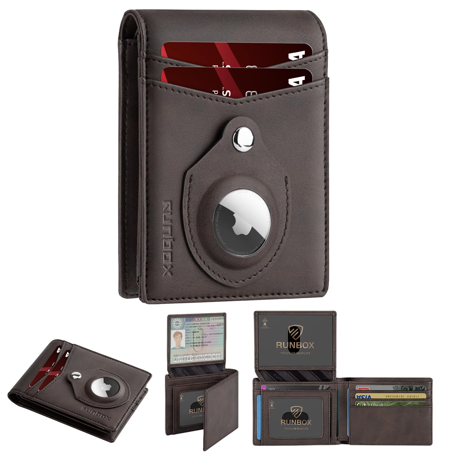 RUNBOX Airtag Wallet for Men Slim RFID Leather 2 ID Window Gifts for Men