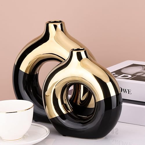 Miniatura 6 de Jarrón negro y dorado, juego de 2 jarrones de cerámica, jarrones dorados para decoración del hogar, jarrón redondo negro para centros de mesa,
