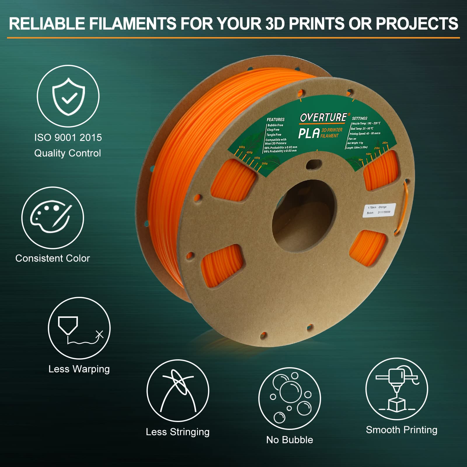 OVERTURE Filamento PLA 1.75mm, 1kg Bobina(2.2lbs), Precisione Dimensionale +/- 0.03 mm, per Stampante 3D (Arancia)