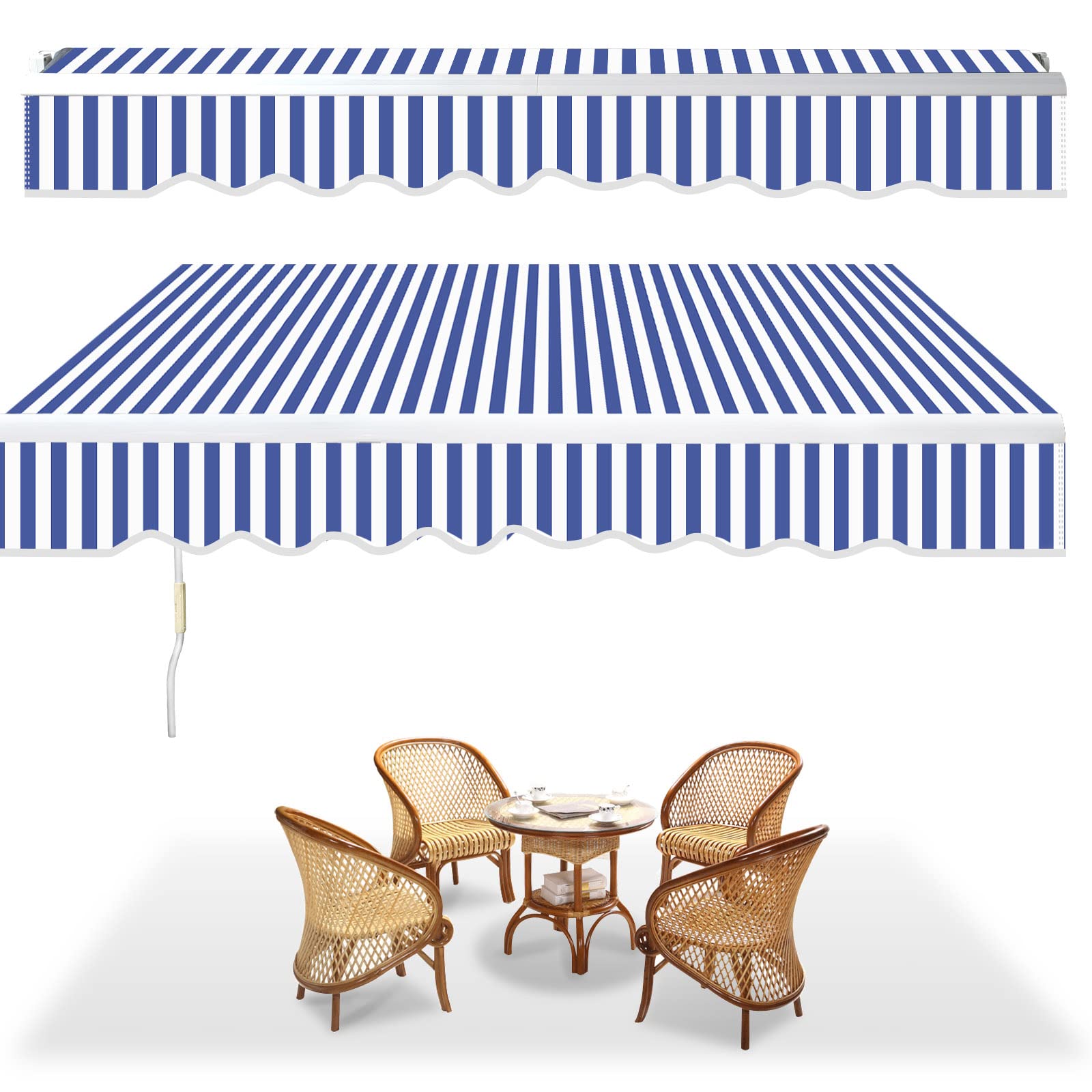 Store Banne Manuel, 350x300cm Bleu-Blanc Store de Terrasse en Aluminium et Polyester avec Manivelle, Auvent Rétractable à Bras Repliable, Angle Réglable 0-30°, Résistant aux UV