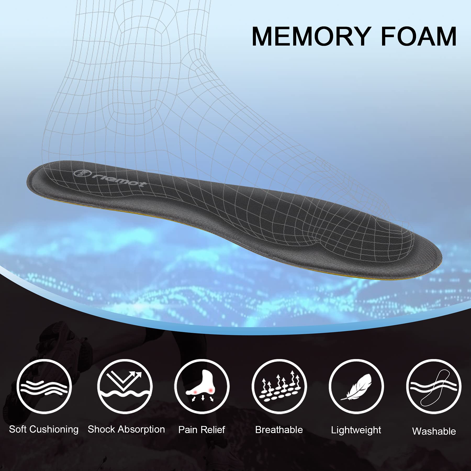 riemot Plantillas Memory Foam para Zapatos de Hombre y Mujer, Plantillas para Zapatillas Botas, Cómodas y Amortiguación para Trabajo, Deportes, Caminar, Senderismo, M-Gris EU 43 — view 7