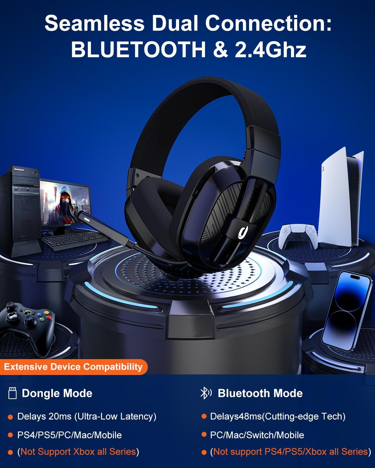 JIMYIU Casque Gaming sans Fil pour PC PS5 PS4 Mac, 2.4G/BT Wireless Casque Gamer, 50hr Batterie, Microphone Anti-Bruit pour Ordinateur Portable,Noir
