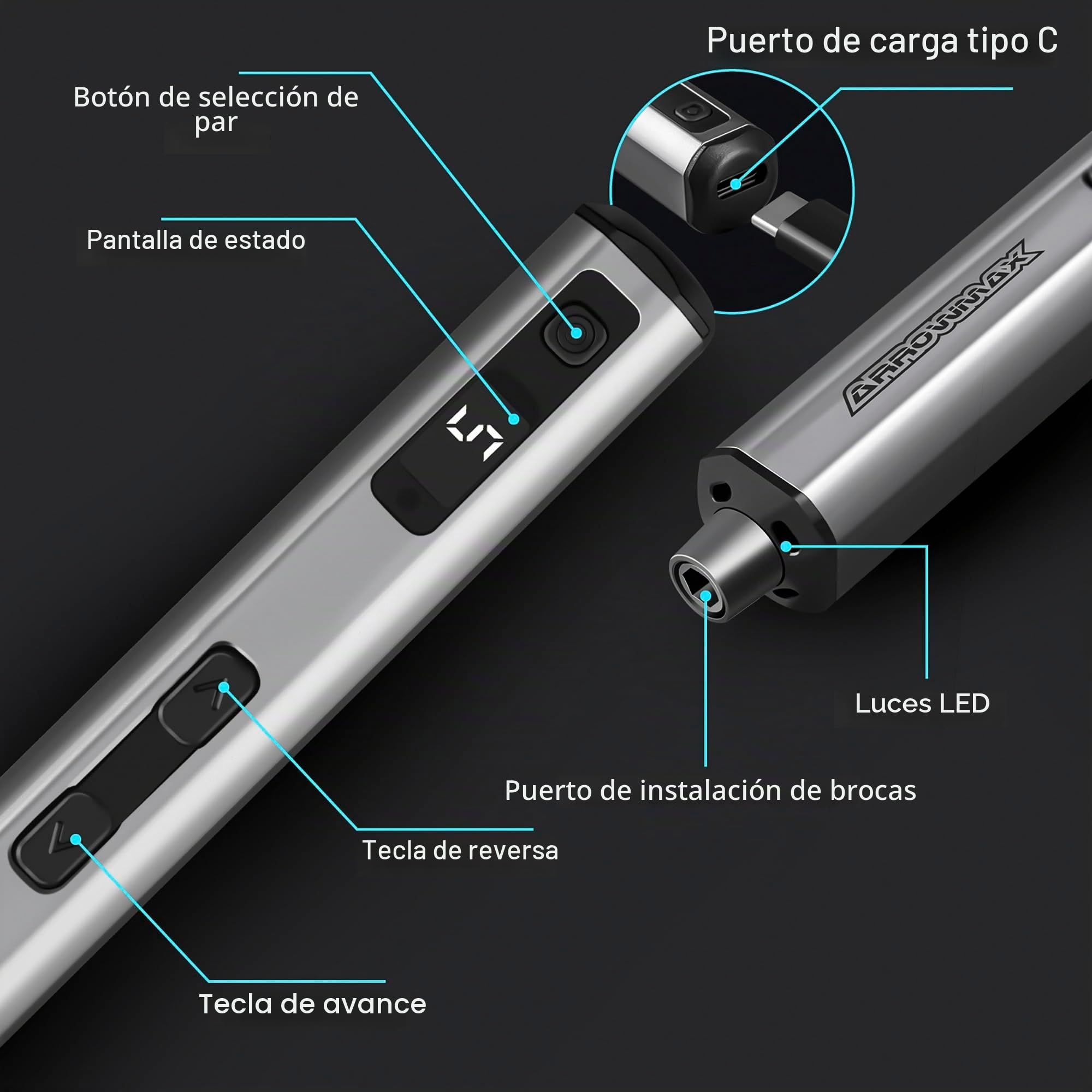 ARROWMAX Mini destornillador eléctrico, 60 en 1 juego de destornilladores eléctricos de precisión, con brocas magnéticas, 5 modos de par, kit de herramientas de reparación de teléfono, bricolaje