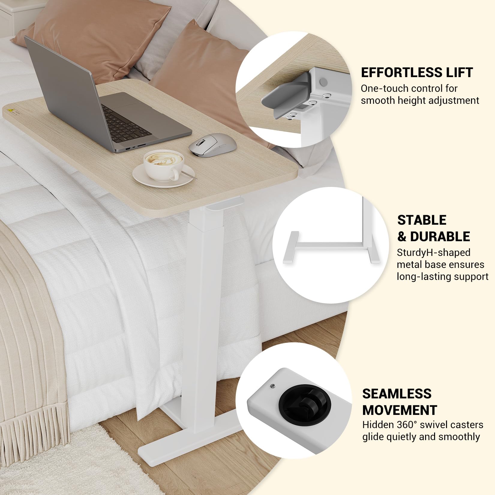 GarveeHome Tavolino Letto Regolabile Ruote Altezza Tramite Sistema Pneumatico, Vassoio TV Pieghevole, Robusto Telaio in Acciaio e Piano Legno, Mobile Per Letto, Divano, Casa o Ufficio