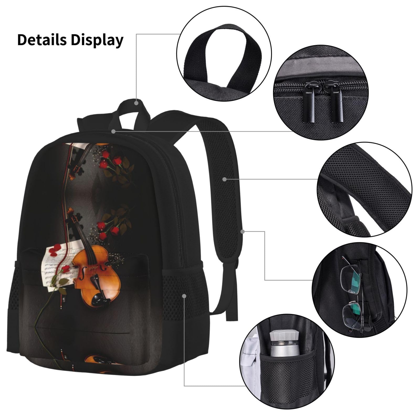 Juego de 3 mochilas escolares con estampado de partituras de violín, mochila para laptop resistente al agua de gran capacidad con bolsa de almuerzo aislada y estuche para lápices para