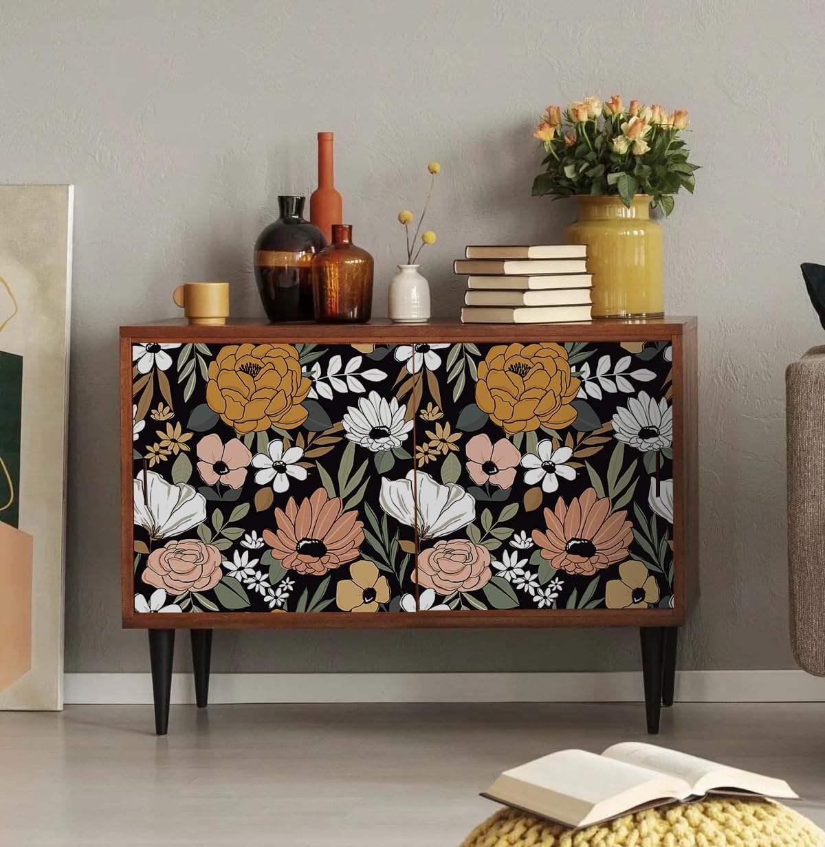 Boho Floral Peel and Stick Wallpaper, Black/Green/Brown Retro Self Adhesive Wall Decor for Bathroom, Kitchen, Accent Wall, Vintage Renter Friendly Contact Paper for Cabinet, Countertop, 17.5” x 118”