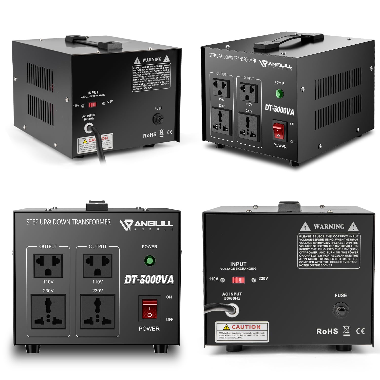 Anbull Convertitore di Tensione DT-3000W 230V⇋110V | Trasformatore di Tensione Motore con avvolgimenti in rame puro 2 prese UE+2 prese USA convertitore step-up/step-down