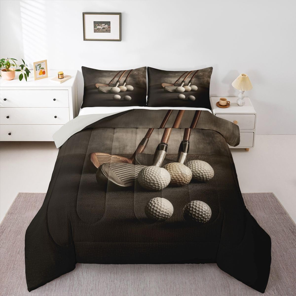 Manfei Golf Bedding Set King Size,Ball Sports Games Modern Comforter Set with 2 Pillowcases,Retro Simple Style Bed Quilt,Brown Quilt Sets Home Decor,Women Men Birthday Gift image 3