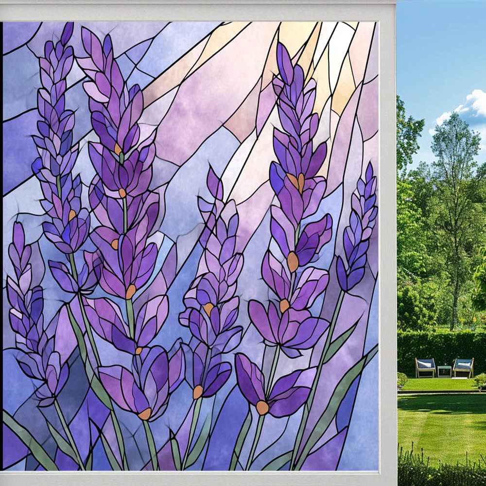 Dreamy Lavender Privacy Window Film, Colorful Garden Natural Flower Frosted Self-Adhesive Vinyl Cling for Glass Doors Bathroom Windows Sun Blocking Heat Control,（80x140cm）