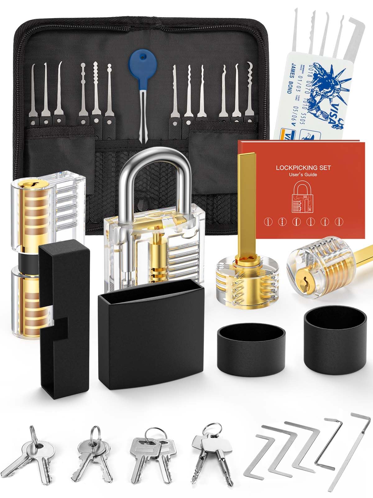 FAHEFANA 38-pièces Kit Crochetage Serrure, [2026 Difficulté Upgrade] Taille de La Carte de Crédit Lock Picking Kit avec 4 Serrures Transparentes, Guide D'ouverture de Serrure pour Débutants et Pro