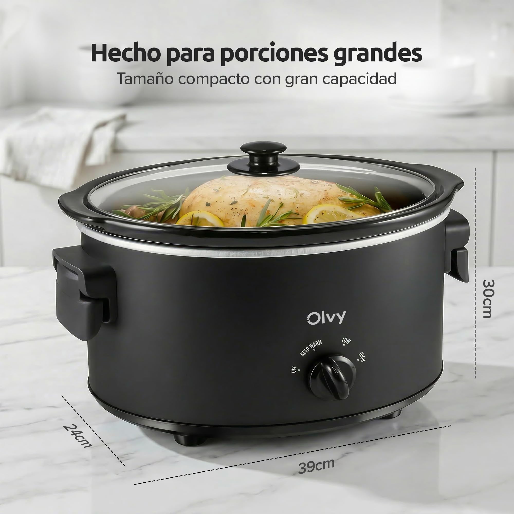 Olvy Olla de cocción lenta 6L con olla interior de cerámica, 3 niveles de temperatura, asas plegables