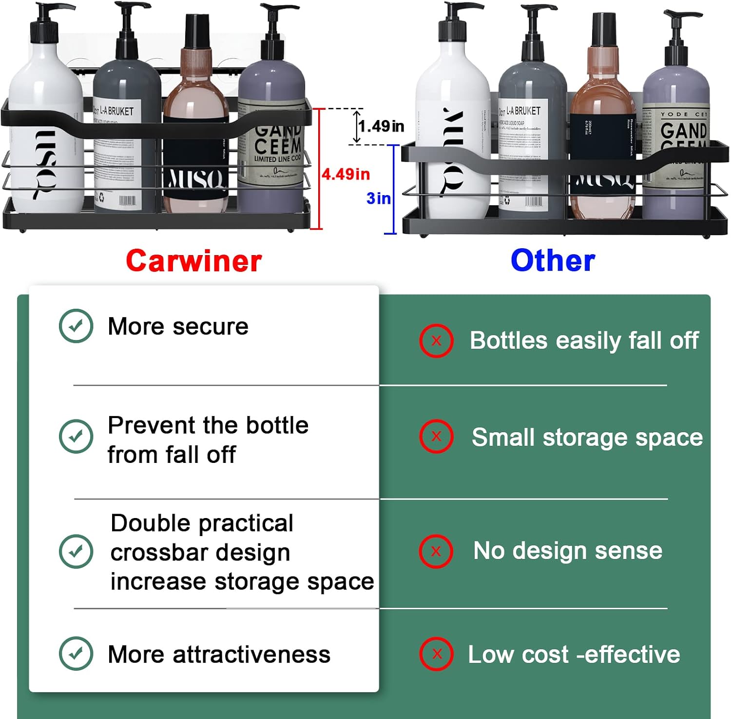Carwiner Shower Shelf Deep Caddy 3-Pack basket with 10 Hooks & Soap Dish Holder, SUS304 Stainless Steel Bathroom Caddy Organizer Rack Adhesive Shampoo Holder Wall Mounted No Drilling (Black)