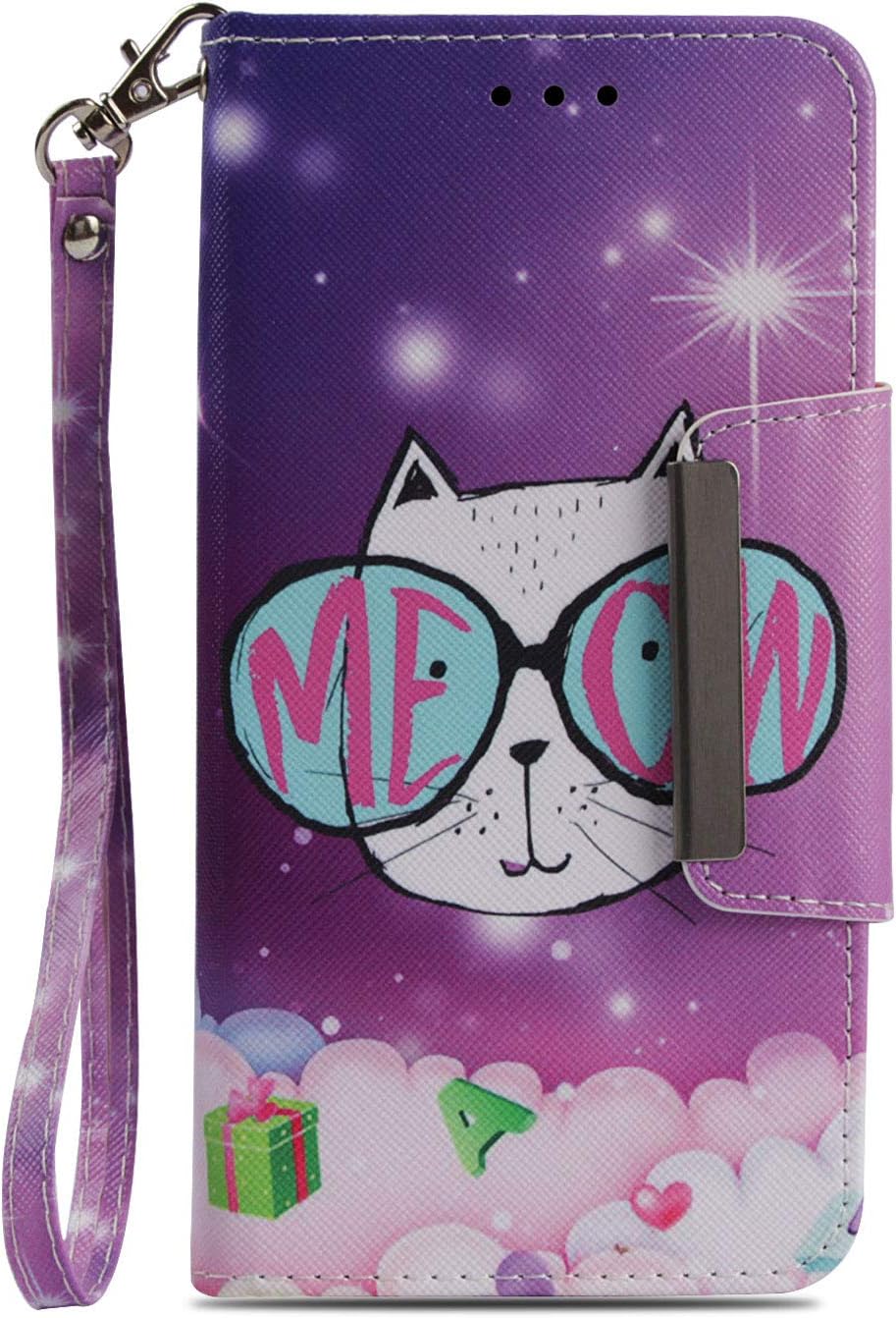 NVWA Compatible Samsung Galaxy J5 Pro Case, J5 2017 Case (Euro Version) J530 J530G Phone Case, PU Leather Wallet Kickstand Wrist Strap Card Slot Flip Full Body Protective Cover Purple Glasses Cat